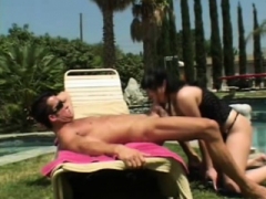 Luscious brunette housewife has a horse-hung dude plowing her tush by the pool
