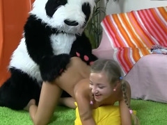 Big panda does its job well because the tiny girl is happy