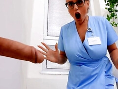 Nerdy blonde nurse with big tits practices anal sex before shift
