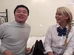 Asian men pleasures fucking young blonde chick in mouth and pussy