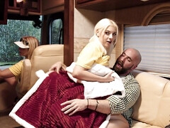 Blonde hitchhiker fucks with a horny man in that camper