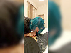 Blue Haired Emo Blowjob In motel room completes In ORAL Creampie.