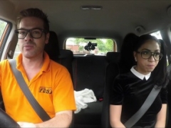 Fake Driving School Black haired European babe with Glasses