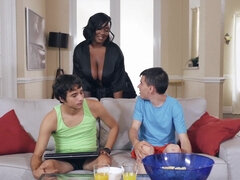 Dark-skinned mommy with juicy melons gets screwed in threesome