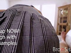 Dark haired teenie bangs her brother