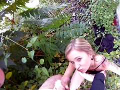 Hot blonde girl is having oral and vaginal sex outdoors