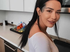 Big tits, Blowjob, Brunette, Doggystyle, Handjob, Kitchen, Stripping, Tattoo