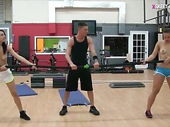 Naughty teens fucked by gym instructor