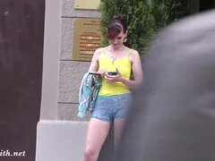 Jeny Smith walks in public with transparent shorts. Real flashing moments