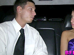 Teen deepthroats man rod and gets hard ravaging in prom night limo