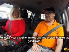 Watch blonde MILF with massive tits get fucked by her daughter's driving instructor in fake driving school