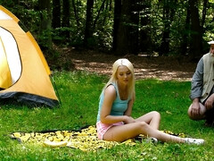 Blonde satisfied by old stranger during picnic in forest