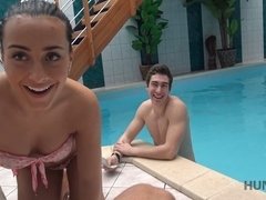 Blowjob, Brunette, Hairy, Piercing, Pool, Pov, Stripping, Teen