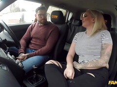 Busty blonde places her shaved cunt onto a big cock in car