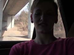 Amateur, Blowjob, Car, Cumshot, Money, Outdoor, Public, Short hair