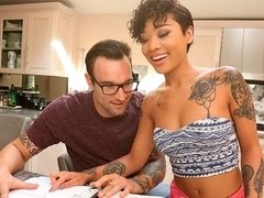 Black, Blowjob, Caught, Ebony, Interracial, Kitchen, Licking, Tattoo