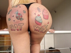 Long Sausage In Her Sweet Buns - Blonde Shemale Babe with Tattooed Big Ass Katy Leon