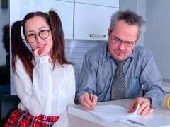 Grey-haired teacher plays with a sweet two-tailed cutie