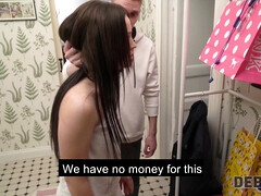 Watch this stunning brunette pay her debt with a hard fuck in HD