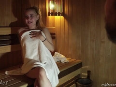 Curvaceous beauty smashing a stranger in a public sauna