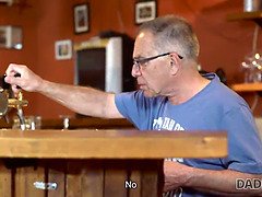 Anna Rose gets her tight pussy stretched by an old and young stud in a bar