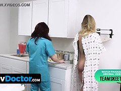 Slim blond patient lets perv doctor and his hot butt nurse to open up her narrow teen snatch