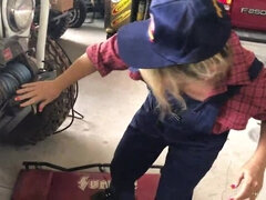 Blonde wife with big tits gets sucks dick in the garage