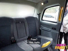Big black cock fucks fake taxi driver's big tits & tight pussy in red thong